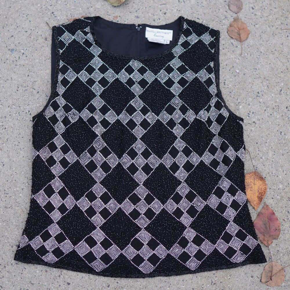 Vintage Papell Boutique 100% Silk Beaded Evening Top Black Silver L Formal Blous